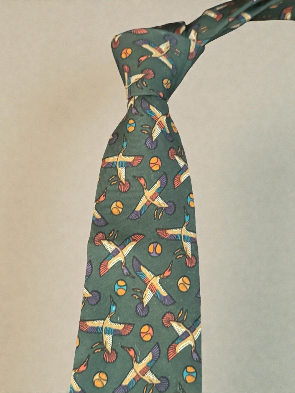 Salvatore Ferragamo Green Silk Tie with Multicolor Flying Bird Motif